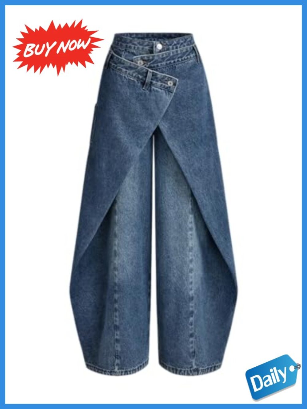 Wrap-Front Wide Leg Cargo Jeans High Rise Layered Denim